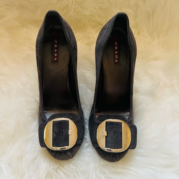 PRADA Logo Buckle Block Heel Suede Leather Pumps - Picture 3 of 10